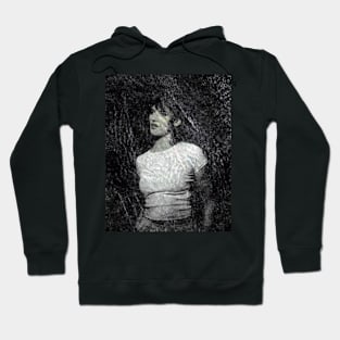 Beautiful girl, grayscale, grainy texture. Slight green or gold on face. Dark and beautiful. Hoodie